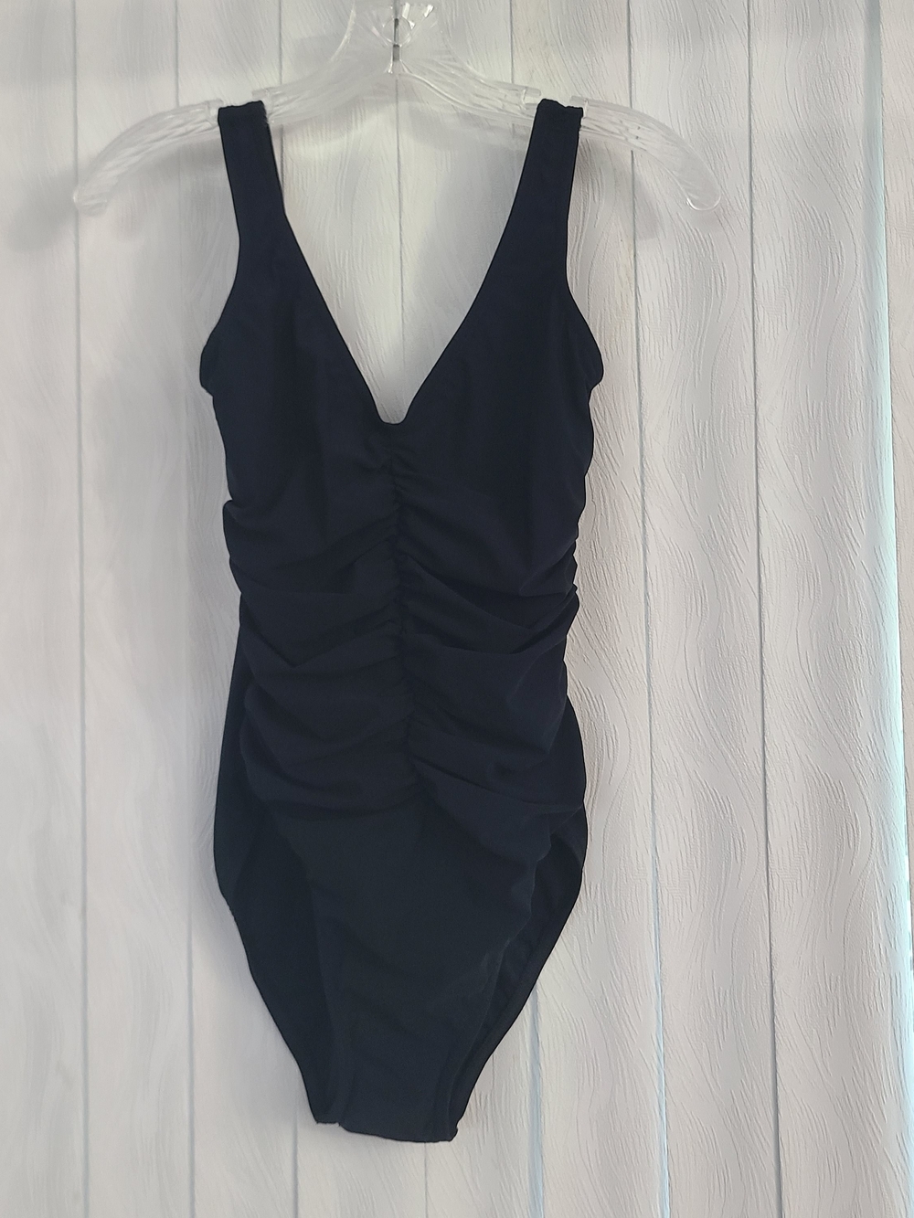 NWT Karla Colletto 10 Black Ruched Front V Neck One Piece Swimsuit Bathing Suit